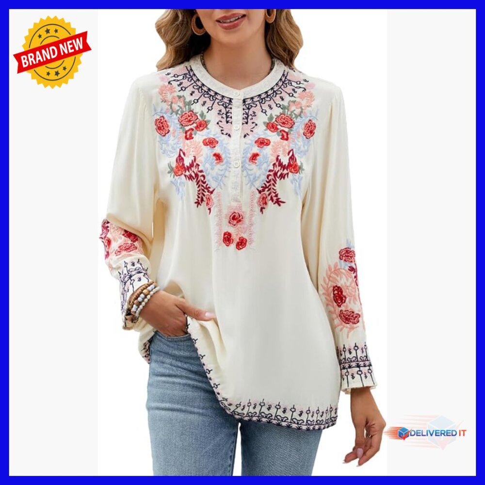 Long Sleeve Embroidered Peasant Blouse Boho Tunic Cotton Rayon Regular Fit